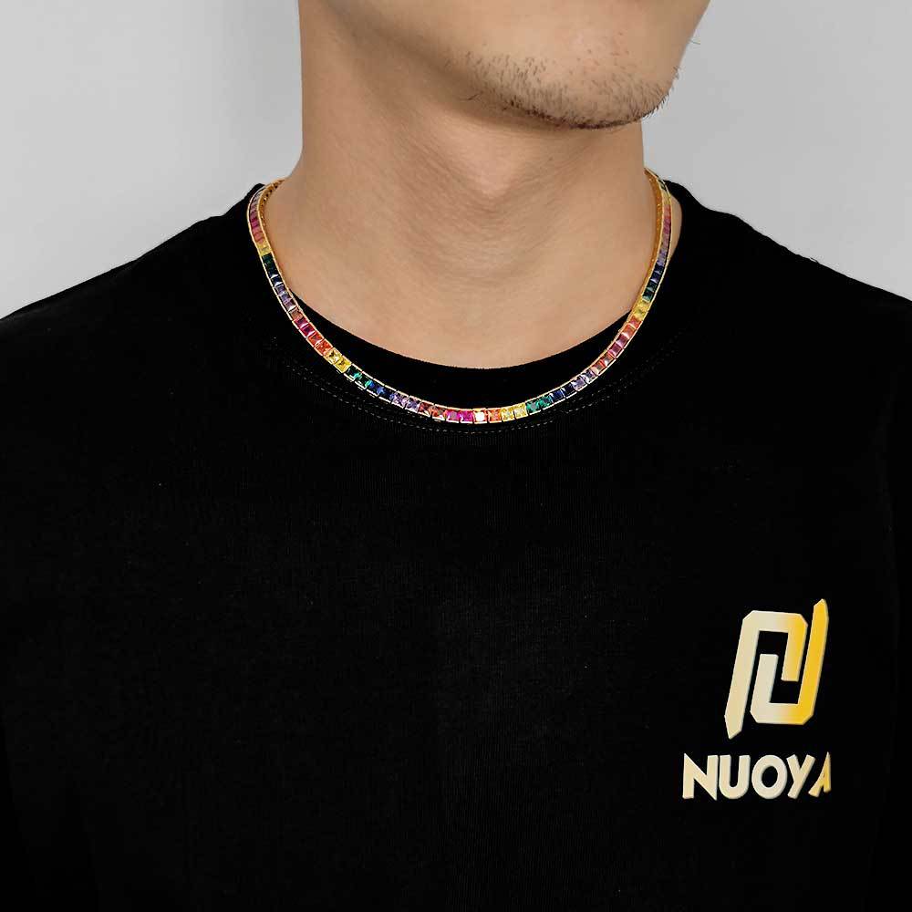 European and American Hip-hop Style Personalized Colorful Tennis Chain Necklace, Copper Inlaid with Colorful Princess-cut Zircon, Trendy Jewelry for Fashionistas