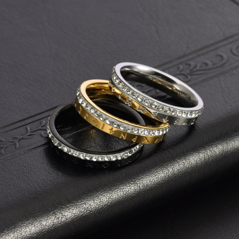18K Gold-plated Nordic Viking Rune Full Diamond Band Ring for Women, Titanium Steel Engagement & Wedding Jewelry